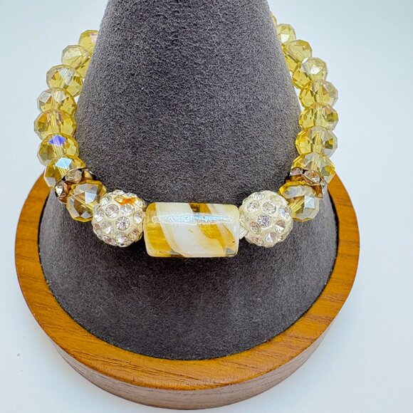 Unique Vintage Jewelry - Gemstone Yellow Glass Bead White Crystal Rondel Stretch Bracelet Fashion One SZ